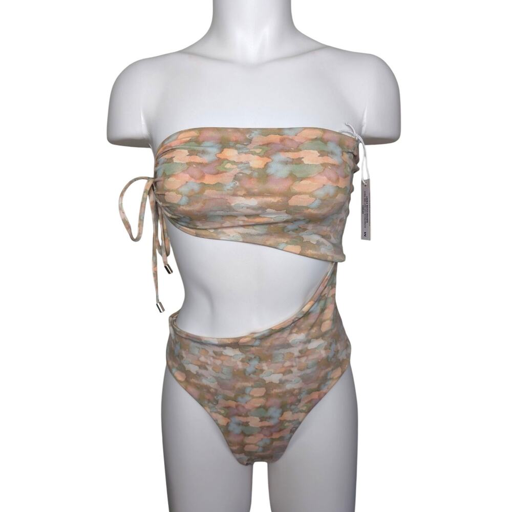 La Porte Asymmetrical Cutout One Piece Swimsuit in Watercolor Print, Size Medium